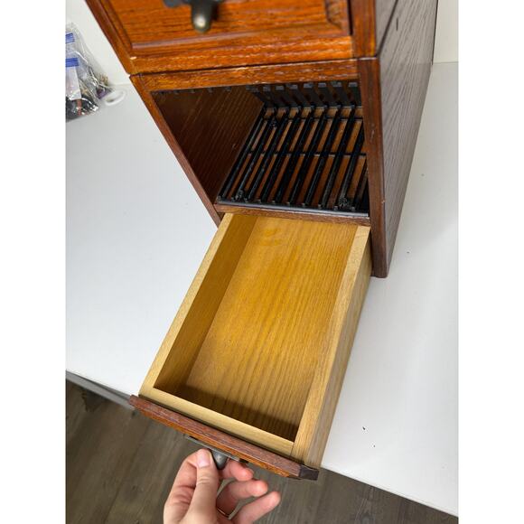 Vintage Library Card Catalog Pair Set Lot Of 2, Stackable Wood Brass Cabinet - Picture 5 of 10